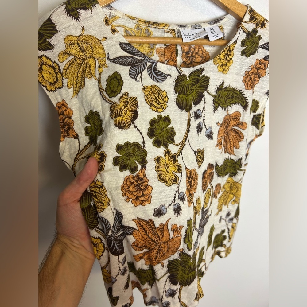 Nicole Miller Floral Print Blouse 100% Linen Size M Fall Cottagecore boho - Picture 2 of 10
